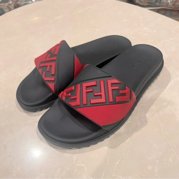 Fendi | Shoes | Fendi New Ff Diagonal Logo Print Slides Red  display picture 1